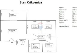 Crikvenica, 3S + DB, 72 m2, pogled na more, Crikvenica, شقة