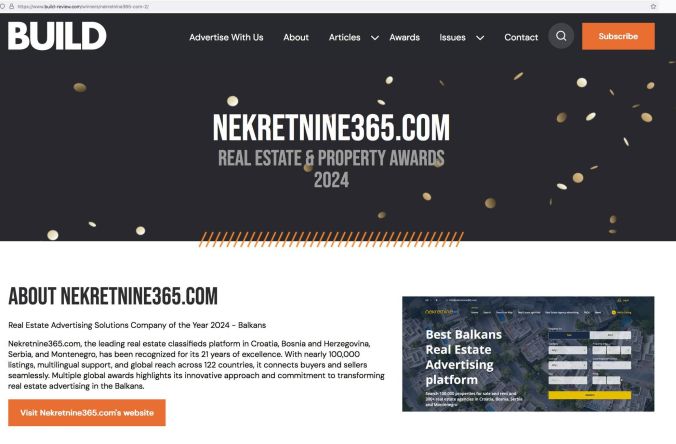 NEKRETNINE365.COM GEWINNT PRESTIGETRÄCHTIGEN PREIS: "REAL ESTATE ADVERTISING SOLUTIONS COMPANY OF THE YEAR 2024 - BALKANS"!